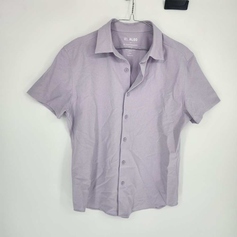 01.ALGO Performance Mens Short Sleeve Button Down Shirt Purple Grid Slim Fit S